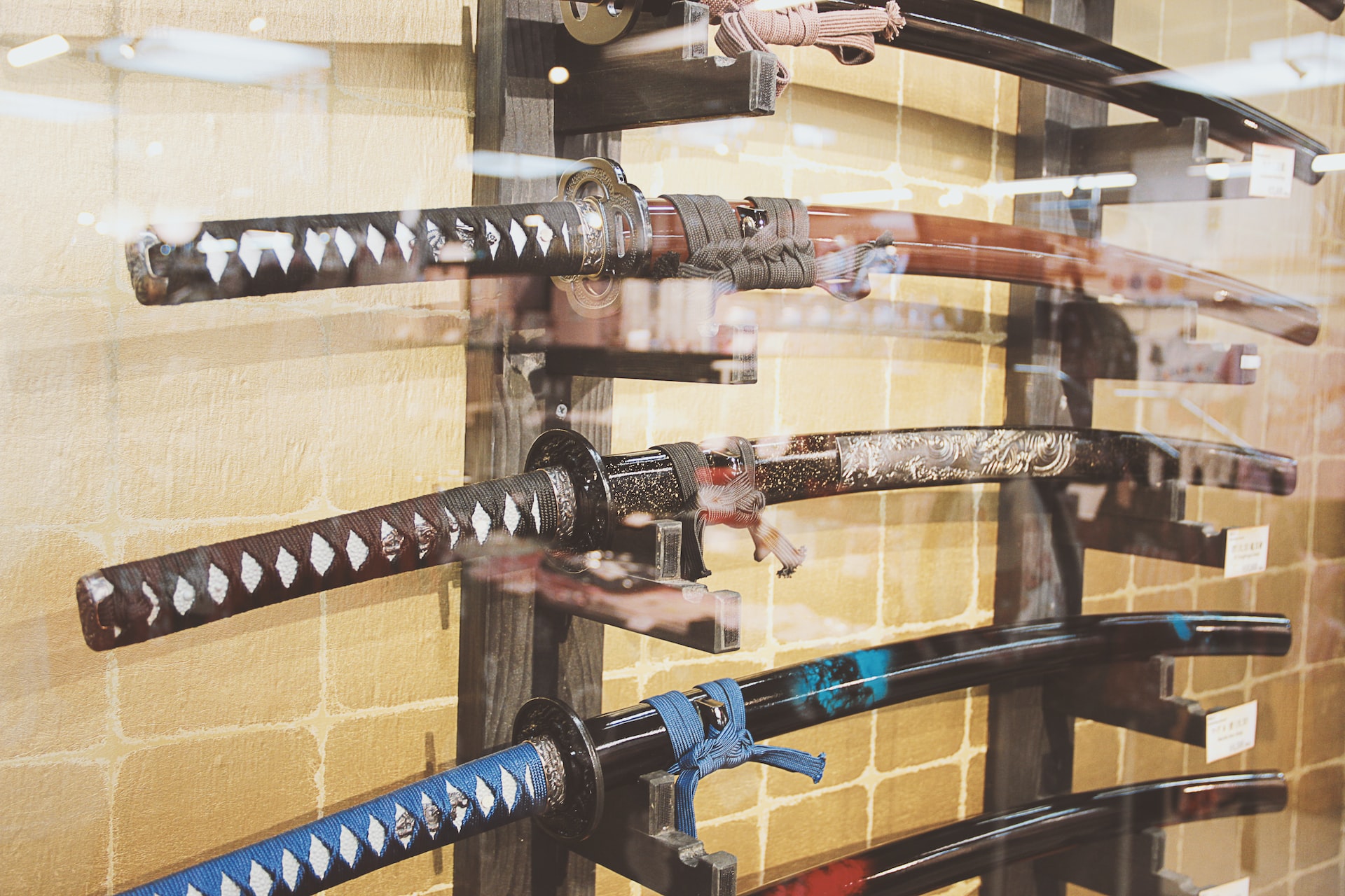 samurai swords in glass case