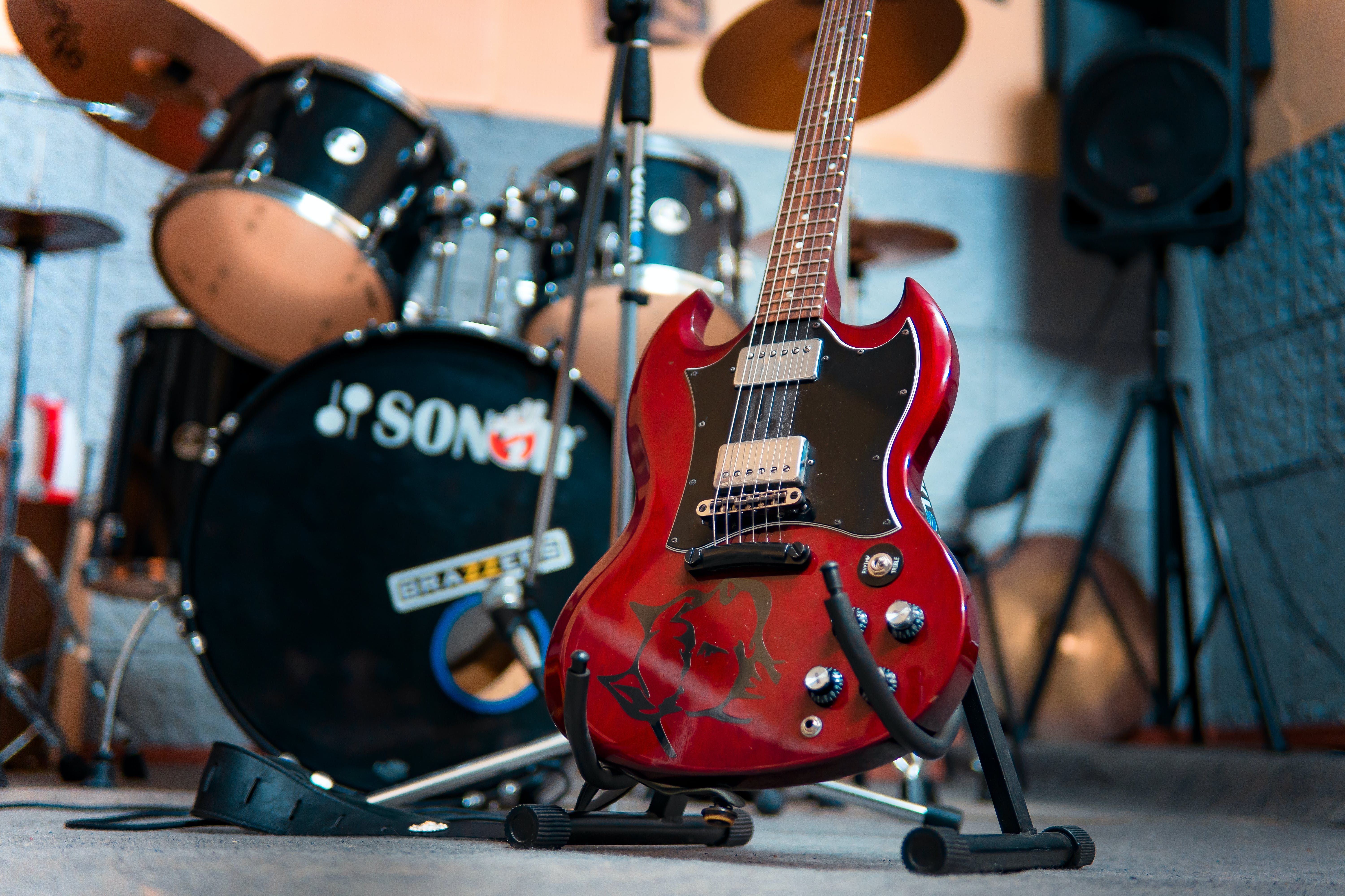 guitar and drum set